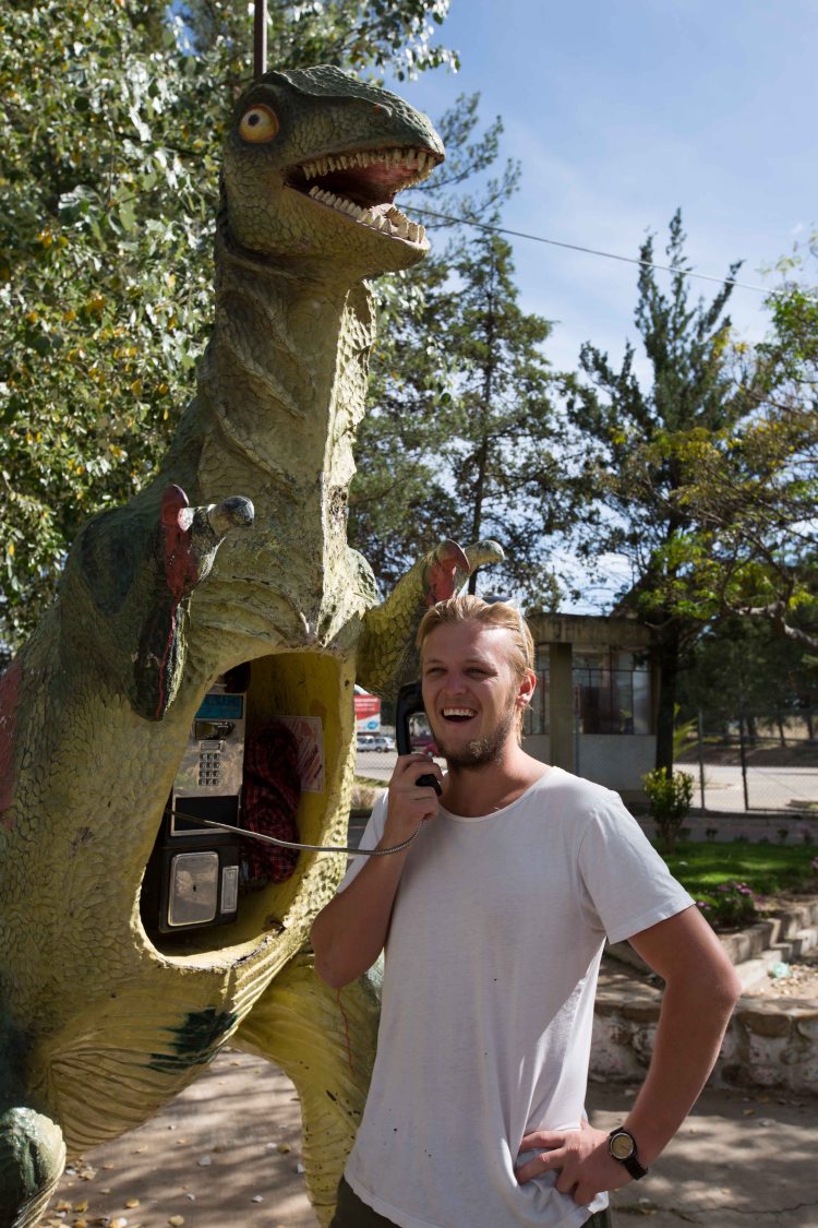 Will at the Dinosaur Phone Booth